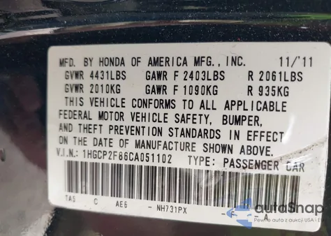 2012 Honda Accord 2.4 Ex-L from USA, damaged, VIN 1HGCP2F86CA051102
